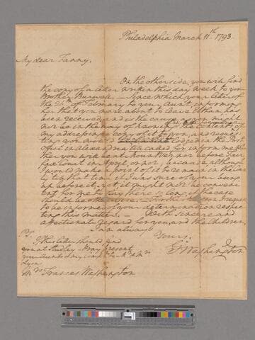 Letter from George Washington, Philadelphia, to Frances Bassett Washington