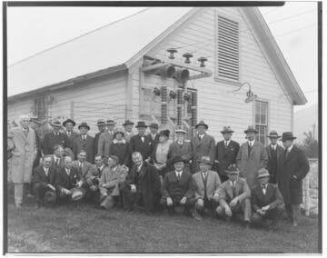 Group photo in front of Mill Creek #1 of people attending the dedication of H.H. Sinclair Monument