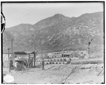 A construction crew standing at Hoist #6 during the construction of Mill Creek #3 Hydro Plant