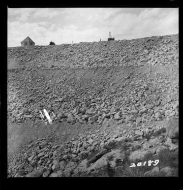 Big Creek, Huntington Lake Dams - Progress of backfills on Huntington Lake Dams by Stone & Webster Co. - View of rock facing, backfill