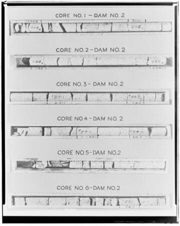 Copy neg comparing Core samples taken from Huntington Lake Dams in May 1937