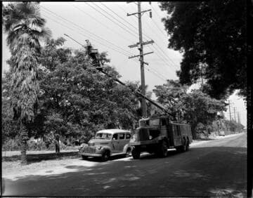 Lineman in extended bucket trimming vegetation
