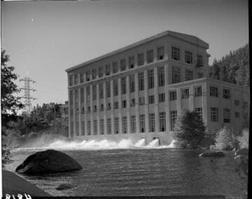 View of Big Creek Powerhouse #1 from across the forebay at waters edge
