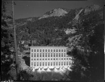 Shot of Powerhouse #1 and penstocks on hill
