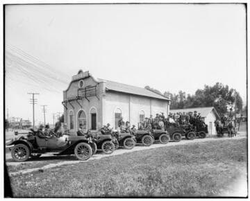 The "Overhead Gang" and their autos parked in front of the Redondo Substation