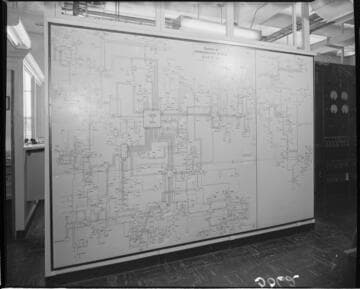 Wall diagram of SCE Telecommunications system with Alhambra communications building as the central point