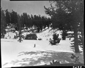 Big Creek snow survey.  Shelter cabin at Kaiser Meadow in snow with sno