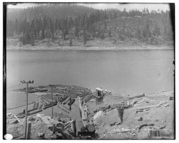 Big Creek Huntington Lake Dams - Log boom at saw mill. Job H