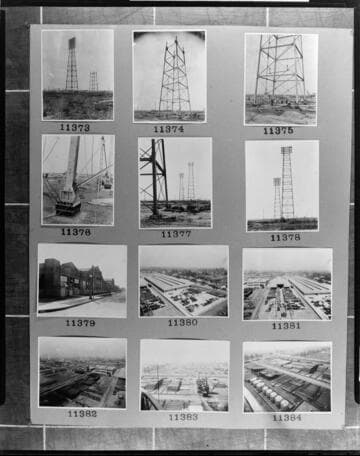Multiple-image copy film negative with images of Transmission Tower construction and the Alhambra General Store: #02-11373 to #02-11384