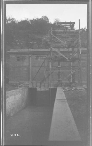 The powerhouse and tailrace while under construction at Kaweah #3 Hydro Plant