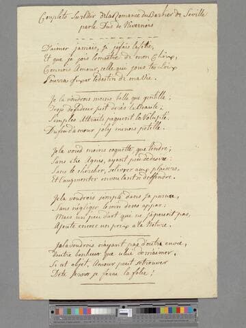 [Unknown author]. Couplets Sur l'Air de la Romance du Barbier de Seville parle Duc de Nirernois: [5 poems of 4 lines each]