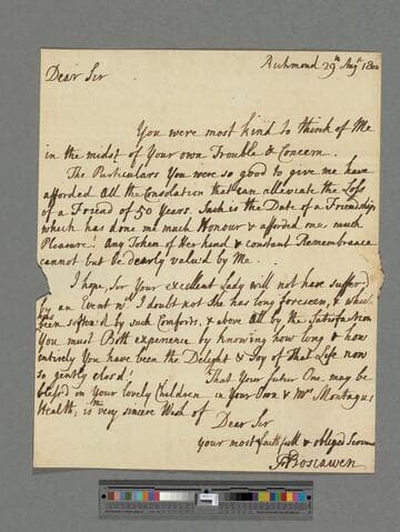 Boscawen, Frances Evelyn (Glanville). Letter to Matthew Montagu, 4th Baron Rokeby