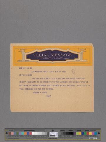 Telegram from Joseph Shaw to Peter SooHoo