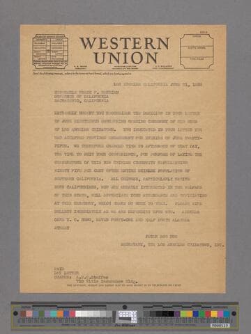 Telegram from Peter SooHoo to Frank F. Merriam