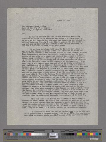 Letter from Peter SooHoo to Frank L. Shaw, Mayor of Los Angeles