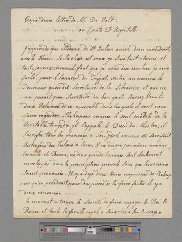 Voltaire, Francois Marie Arouet. Letter to Charles Augustin Ferriol, Comte d'Argental