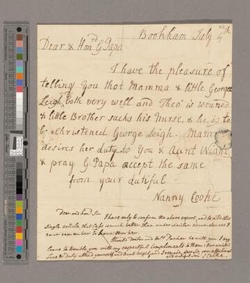Nanny Cooke letter, Bookham, Surrey, to Theophilus Leigh
