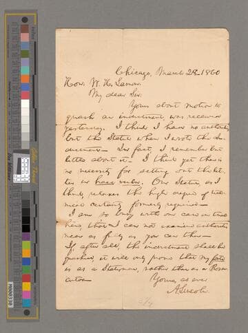 Abraham Lincoln, Chicago, Illinois, letter to Ward Hill Lamon
