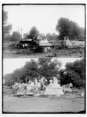 Large machinery parts outdoors (two views)