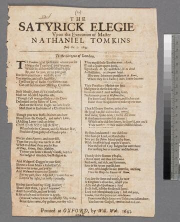 The satyrick elegie vpon the execution of Master Nathaniel Tomkins July the 5. 1643