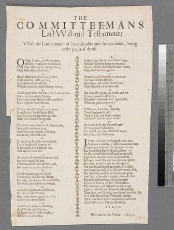 The committee-mans last vvill and testament: vvith the lamentation of his miserable and sad condition, being at the point of death