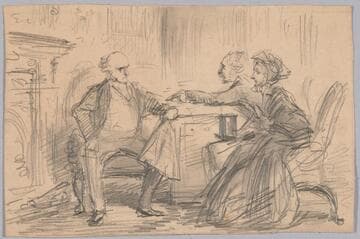 Elderly Couple, Seated, Talking to a Third Man