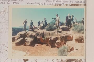Martin Litton describing to the newshawks the dangers involved in the proposed Bridge Canyon Dam.  Toroweap Overlook