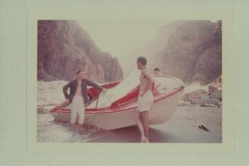 Bill Austin, Garth Marston and the wrecked "WEE RED";  Monument Creek Rapid