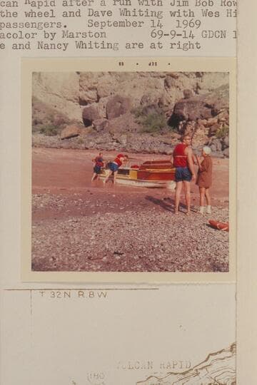 The deck boat at the beach at left bank below Vulcan Rapid after a run with Jim-Bob Rowland at the wheel and Dave Whiting with Wes Hildreth as passengers.  Dave and Nancy Whiting are at right