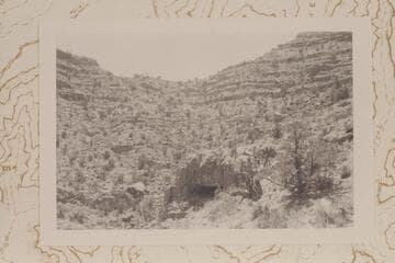 Ra-Osiris Saddle from edge of Redwall cliff on the east side of Ra.  Opening in foreground is shelter cave a few yards long; no artifacts were found there