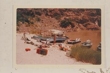 The two Disney prop boats on the beach at Bright Angel Creek for repairs to the glass.  The camera boat is beyond.  The freight boat is at the stern of the prop boats and two of the Smith-Craft are at right
