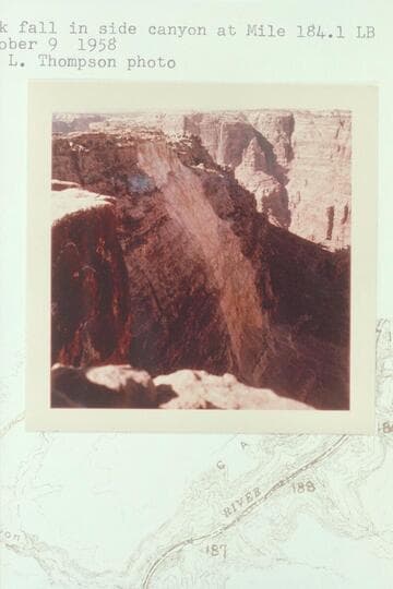Rock fall in side canyon at Mile 184.1 left bank [reverse of photo:  Cataract Canyon Rockfall]