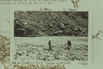 Head of Serpentine Rapid.  J. Hall and C. Yost on the fan.  Preliminary gauge:  12,500 cfs.  The pegmatite at center appears in Butchart photo of 1957, Apr. 20 near the right margin; in Reilly #1 of 1962, Nov. 04