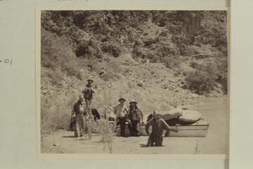 The "Esmeralda" at Bright Angel Trail bridge.  Left to right:  Taylor, Marston, Ed Hudson, Egbert Hudson, Robinson