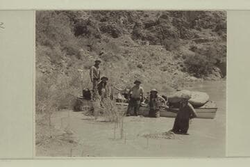 The "Esmeralda" at Bright Angel Trail bridge.  Left to right:  Taylor, Marston, Edward Hudson, Egbert Hudson and Robinson