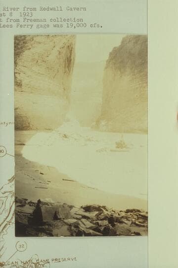 Downriver from Redwall Cavern.  Print from Freeman collection.  The Lees Ferry gauge was 19,000 cfs
