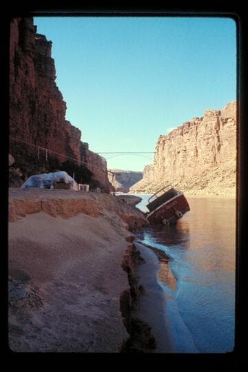 Crippled boat and camp, Mile 4; Marble Canyon