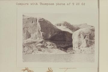 Lake Powell rising to inlet up river from Crevice Canyon or Hidden Passage at right bank [on photo reverse:  cave just above Hidden]