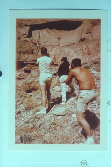 Photographing the Kolb inscription at Mile 202.25 right bank.  Jorgen Visbak; Dock Marston; Buzz Belknap
