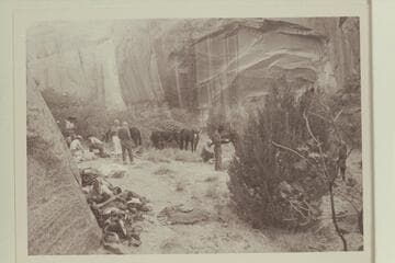 Camp in the middle fork of 73.6.  Dan Lehi; Bill Belknap; Tom Daly; Buster Ordiway; Dock Marston; Archeyes Masland; Noel Morss; Tobe Owl (Nasja Begay)