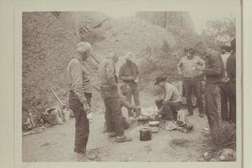 In camp in middle fork of 73.6.  Noel Morss; Archeyes Masland; Bill Belknap; Tom Daly; Buster Ordiway; Dan Lehi; Chris Turner