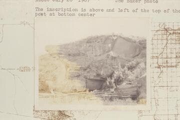 Robidoux inscription on the Book Cliffs at Westwater Creek.  The inscription is above and left of the top of the fence post at bottom center