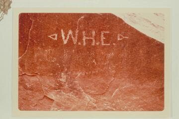 Inscription of William Hiram Edwards at Mile 204 1/2 right bank where the Best Expedition lost a boat in July, 1891 and F. G. Faatz, 1892, Aud. 27