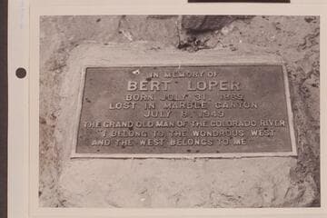 Plaque at Bert Loper's boat in Marble Canyon, Mile 41
