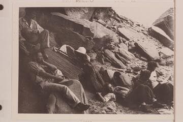 The 1938 Nevills party during the heavy portage at Rapid 23.  Atkinson; Harris; Lois Jotter; Gibson; Nevills.  Photo by Elzada Clover?