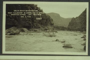 Green River Investigation- Boat "Colorado" in lower end of Upper Disaster Rapids.  Lint- boatman