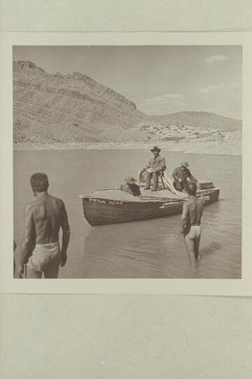 The "Emma Dean" at Gods Pocket.  Bill Beer in the forward cockpit in role of Bill Dunn.  Dock Marston on the mid-cuddy [sic] as Powell.  Jim Jordan at the stern.  Dock Hill and Frank LaRue look on.  Marston-Disney filming cruise