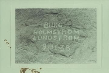 This photo is captioned:  "Above Harp--Left Side--Lodore."  Names at left bank at Mile 234.15 in Canyon of Lodore.  Holmstrom marked his map "Wrote our names 5:45 PM  9-11-38."