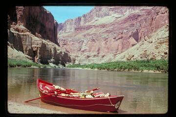 Upriver from right bank at Mile 51.9 with dory at the spot where the "Emma Dean" was photographed by Hillers stereo 185 on 1872, Aug. 22