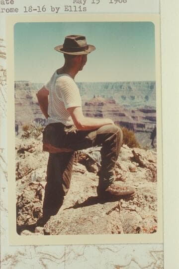 Doc Ellis on the summit of Brahma and looking southeast to Angels Gate